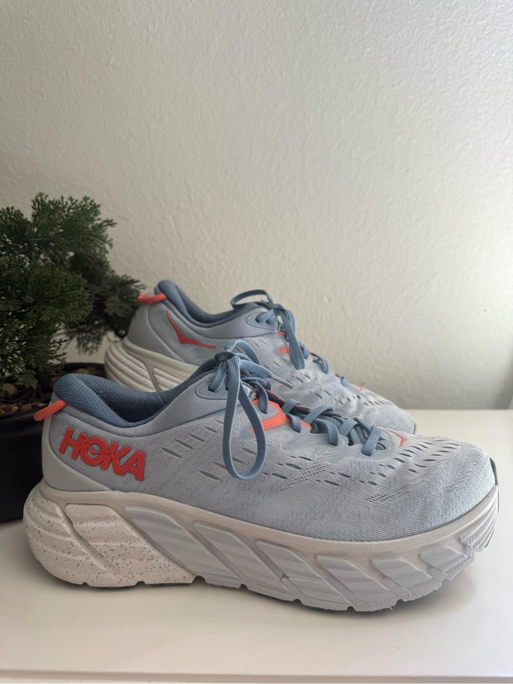 Hoka Gaviota 4 Women size 9.5 Light Blue and Coral Running Sneakers